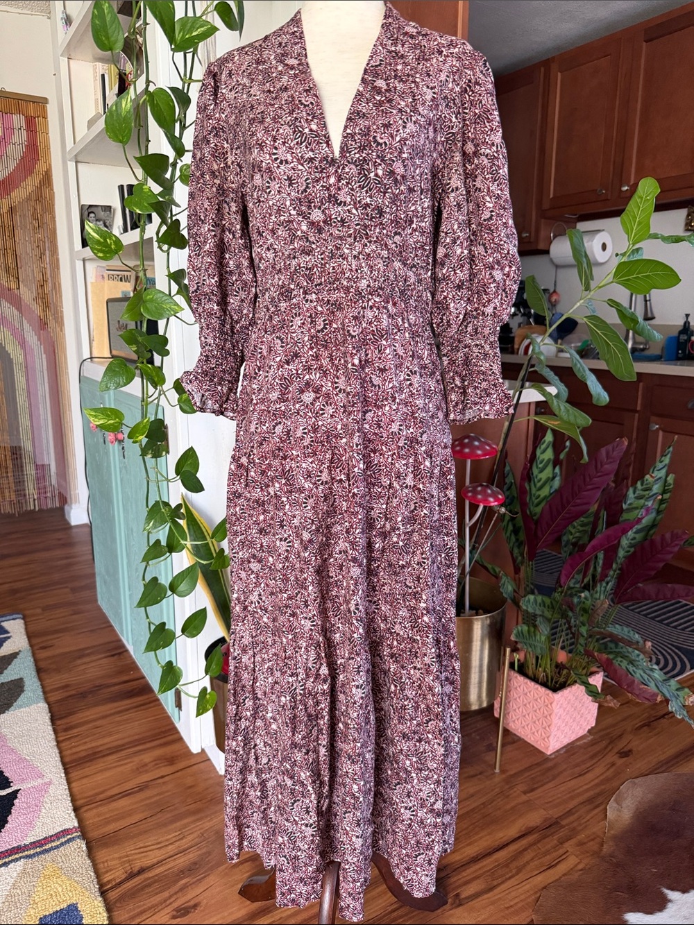 ba&sh Plum Floral Maxi Dress with V-Neck and Tiered Skirt